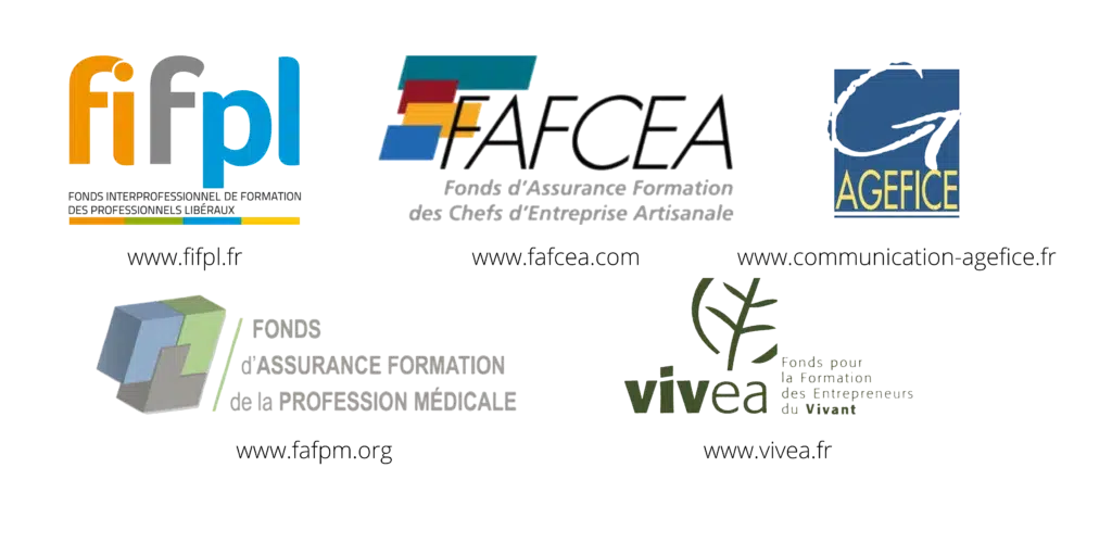 Logos des organismes de financement de formation professionnelle : FIFPL, FAFCEA, AGEFICE, FAFPM et VIVEA